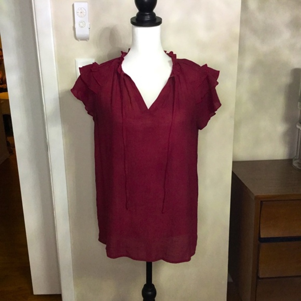 Maroon, Short Sleeve with Ruffle and tie detail Blouse - Picture 1 of 7